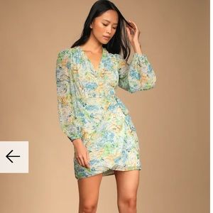 NWT Lulus Marvel at You White Floral Print Long Sleeve Mini Wrap Dress
